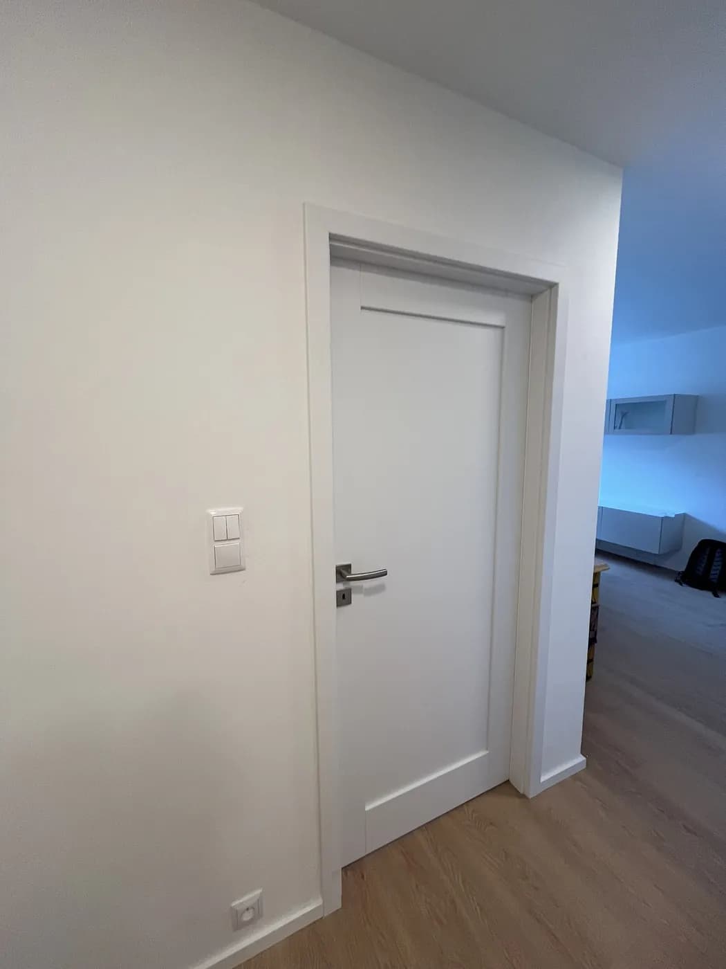 Chodba bytu s bílými dveřmi a dřevěnou podlahou
